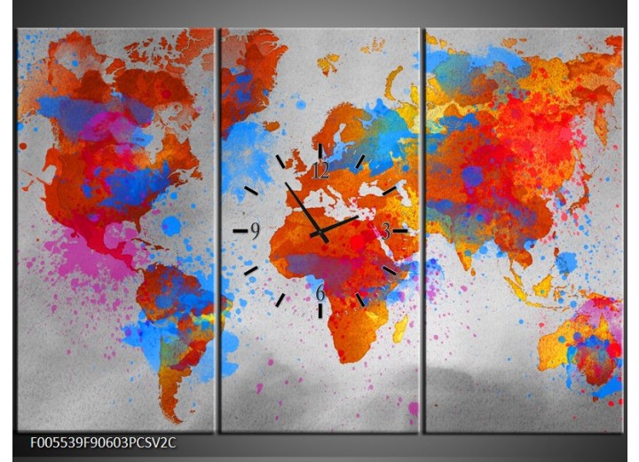 OP VOORRAAD  Wandklok op Canvas Wereld | Kleur: Grijs, Rood, Blauw | F005539C
