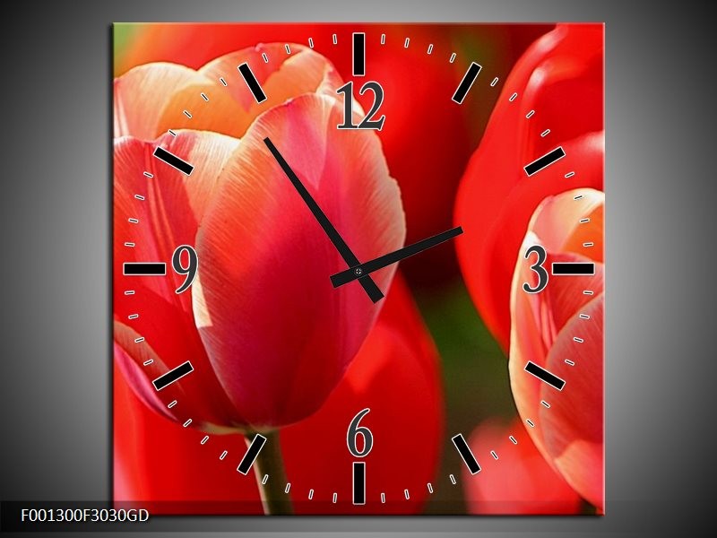 Wandklok op Glas Tulpen | Kleur: Rood, Wit, Zwart | F001300CGD