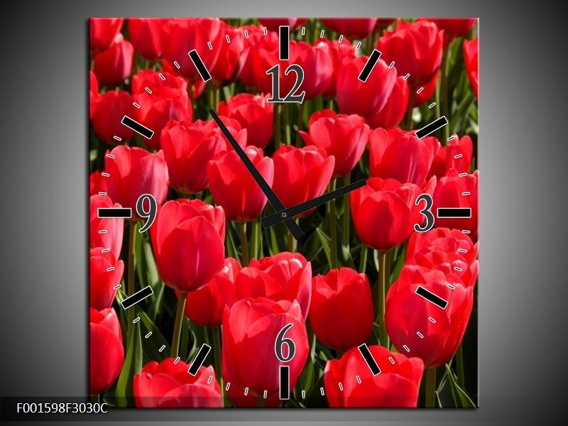 Wandklok op Canvas Tulpen | Kleur: Rood, Groen, Grijs | F001598C