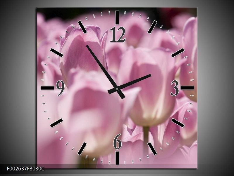 Wandklok op Canvas Tulpen | Kleur: Roze, Wit | F002637C
