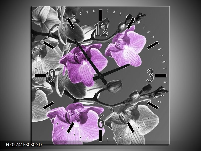 Wandklok op Glas Orchidee | Kleur: Grijs, Paars, Zwart | F002741CGD