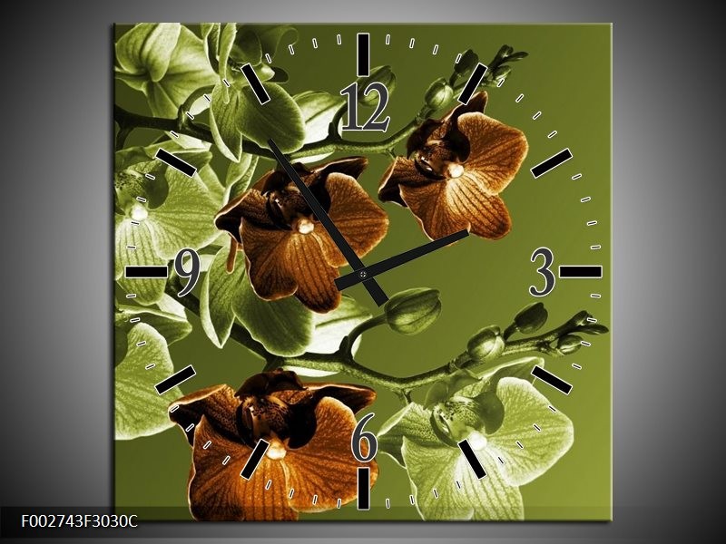 Wandklok op Canvas Orchidee | Kleur: Groen, Bruin | F002743C