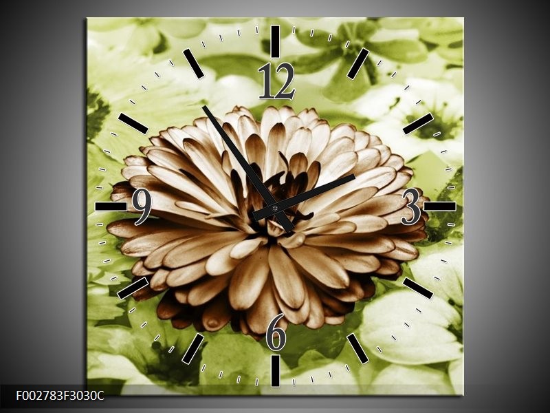 Wandklok op Canvas Bloem | Kleur: Groen, Bruin | F002783C