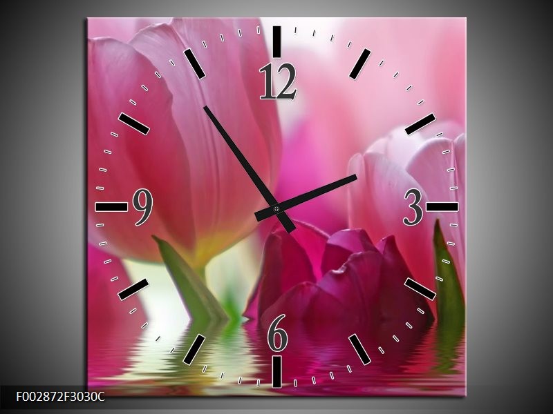 Wandklok op Canvas Tulpen | Kleur: Roze, Wit, Groen | F002872C