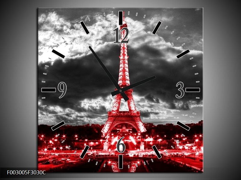 Wandklok op Canvas Eiffeltoren | Kleur: Grijs, Rood, Zwart | F003005C