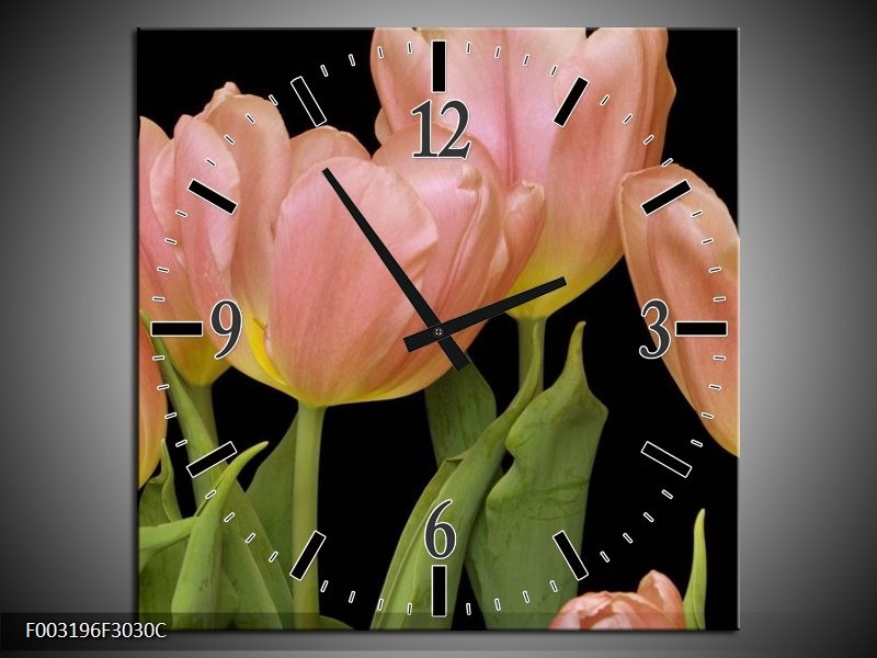 Wandklok op Canvas Tulpen | Kleur: Roze, Groen, Zwart | F003196C