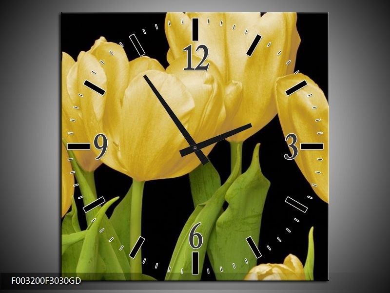 Wandklok op Glas Tulpen | Kleur: Geel, Groen, Zwart | F003200CGD