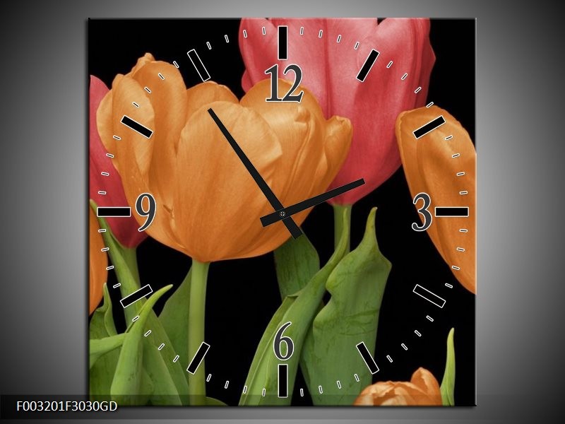 Wandklok op Glas Tulpen | Kleur: Oranje, Rood, Groen | F003201CGD