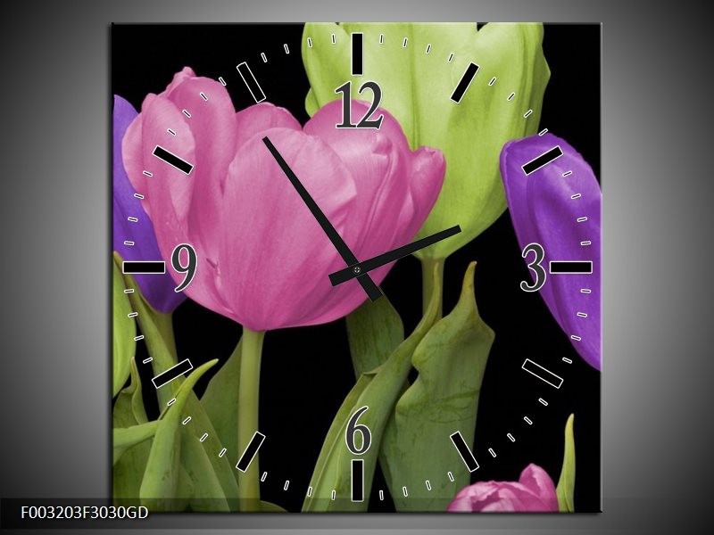 Wandklok op Glas Tulpen | Kleur: Paars, Groen, Roze | F003203CGD