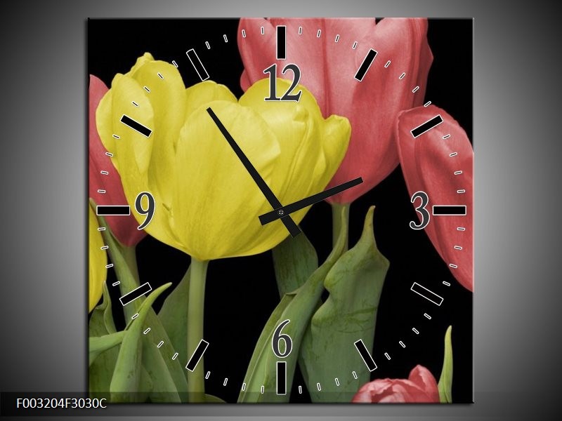 Wandklok op Canvas Tulpen | Kleur: Geel, Rood, Zwart | F003204C