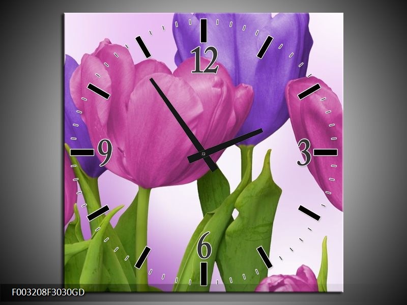 Wandklok op Glas Tulpen | Kleur: Paars, Roze, Groen | F003208CGD