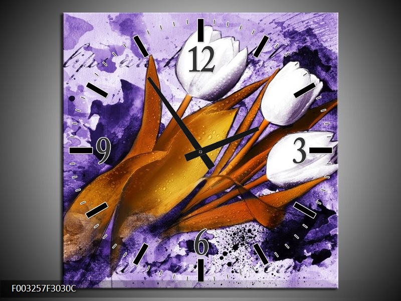 Wandklok op Canvas Tulpen | Kleur: Paars, Bruin, Wit | F003257C
