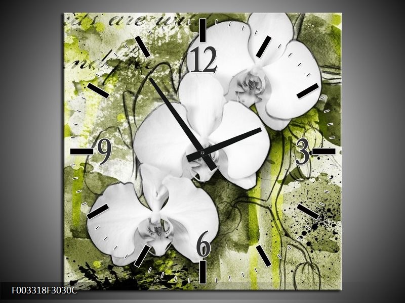 Wandklok op Canvas Orchidee | Kleur: Wit, Groen | F003318C