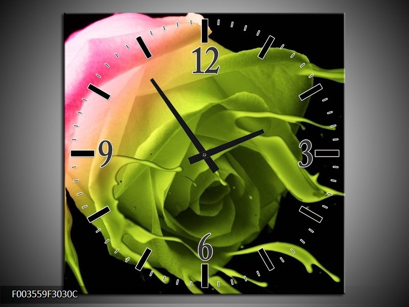 Wandklok op Canvas Roos | Kleur: Roze, Groen, Zwart | F003559C