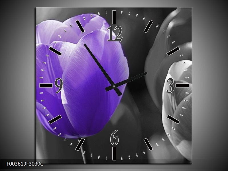 Wandklok op Canvas Tulp | Kleur: Paars, Grijs, Zwart | F003619C