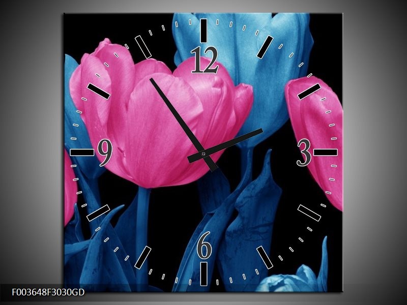 Wandklok op Glas Tulp | Kleur: Roze, Blauw, Zwart | F003648CGD