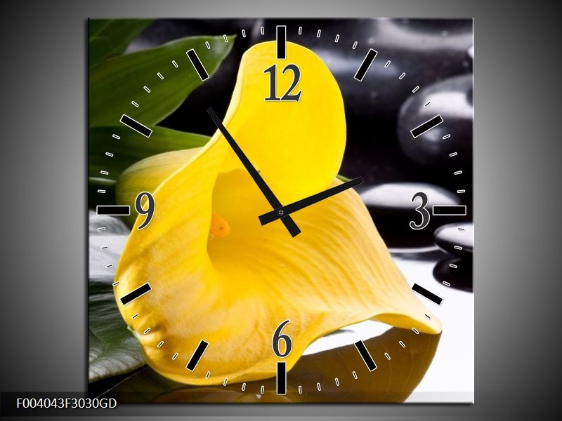 Wandklok op Glas Bloem | Kleur: Geel, Zwart, Wit | F004043CGD