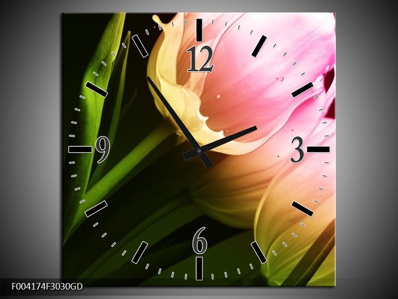 Wandklok op Glas Tulp | Kleur: Groen, Roze, Zwart | F004174CGD