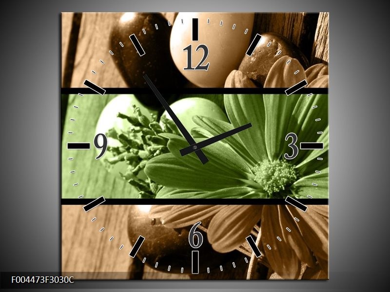 Wandklok op Canvas Bloem | Kleur: Groen, Bruin | F004473C