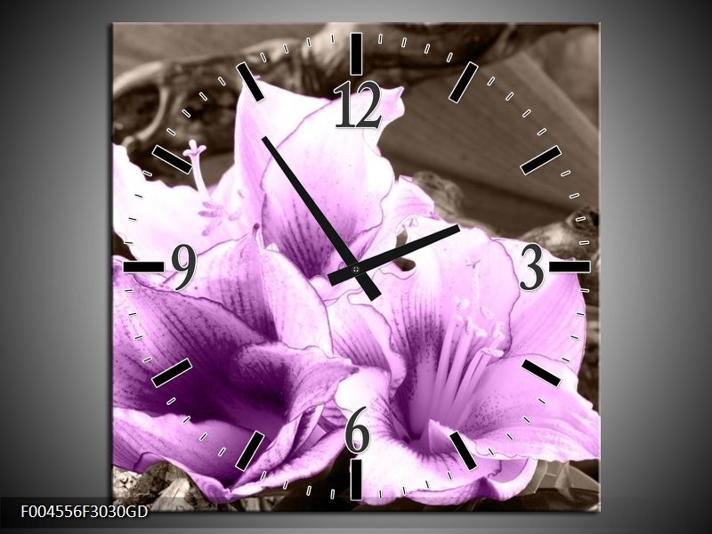Wandklok op Glas Bloem | Kleur: Paars, Grijs | F004556CGD