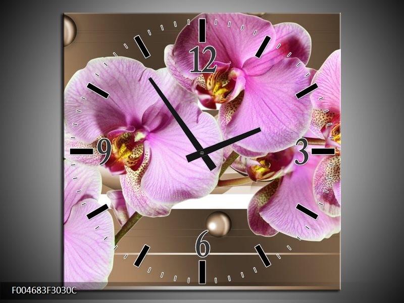 Wandklok op Canvas Orchidee | Kleur: Bruin, Paars, Roze | F004683C