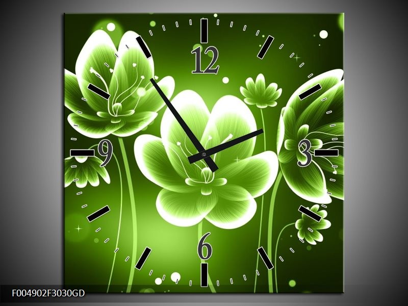 Wandklok op Glas Bloem | Kleur: Groen, Wit | F004902CGD