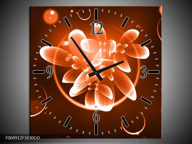 Wandklok op Glas Bloem | Kleur: Oranje, Bruin, Wit | F004912CGD