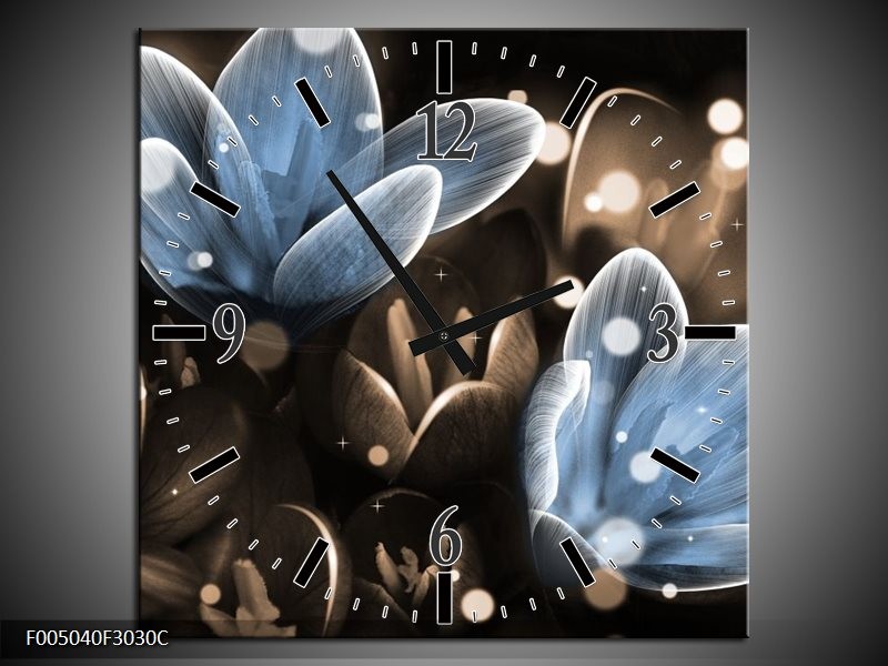 Wandklok op Canvas Bloem | Kleur: Blauw, Grijs | F005040C