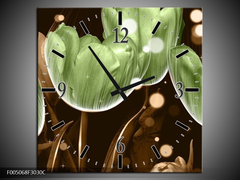 Wandklok op Canvas Tulp | Kleur: Groen, Bruin | F005068C