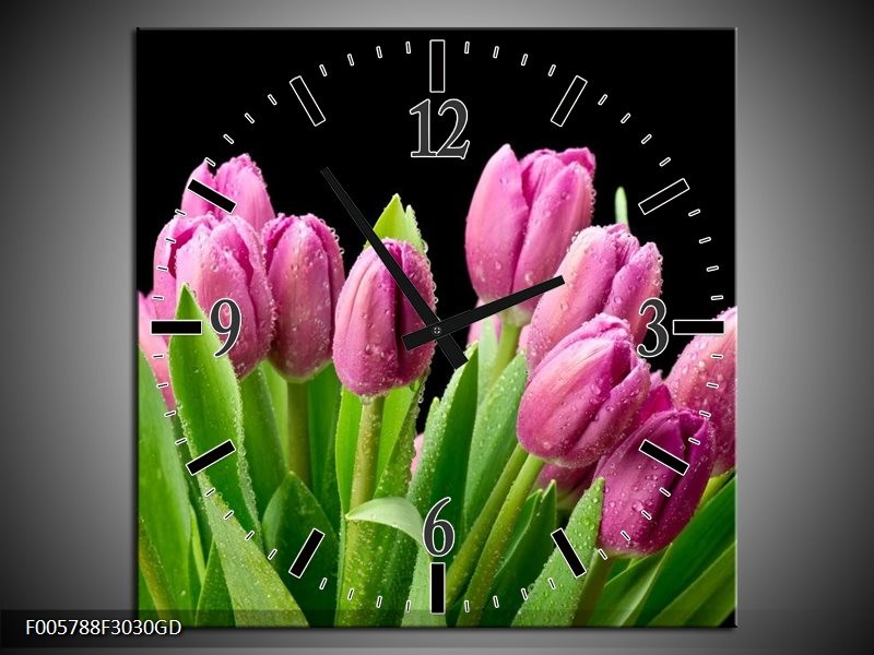 Wandklok op Glas Tulpen | Kleur: Roze, Zwart, Groen | F005788CGD