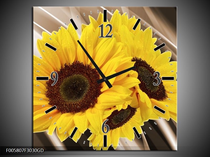 Wandklok op Glas Zonnebloem | Kleur: Sepia, Geel, Bruin | F005807CGD