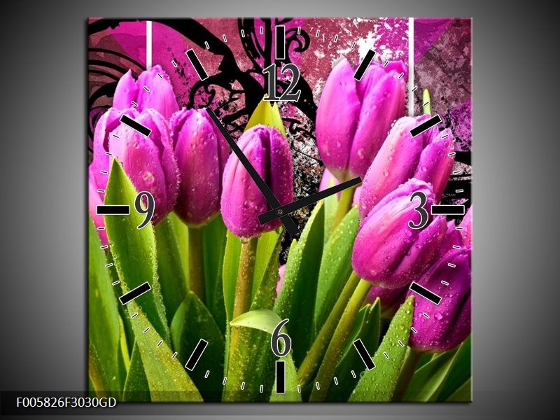 Wandklok op Glas Tulpen | Kleur: Paars, Groen, Roze | F005826CGD