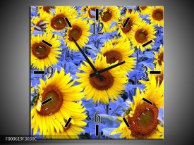 Wandklok op Canvas Zonnebloem | Kleur: Geel, Blauw, Bruin | F000619C