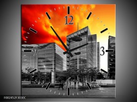 Wandklok op Canvas Gebouw | Kleur: Grijs, Oranje, Geel | F002452C