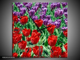 Wandklok op Canvas Tulp | Kleur: Rood, Paars, Groen | F002653C