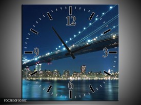 Wandklok op Canvas Brug | Kleur: Grijs, Blauw, Wit | F002850C