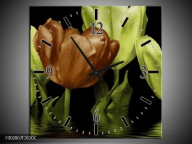 Wandklok op Canvas Tulpen | Kleur: Groen, Bruin | F002867C