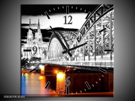 Wandklok op Canvas Brug | Kleur: Grijs, Bruin, Blauw | F003079C