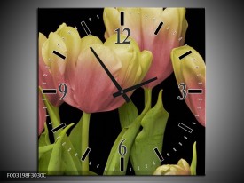 Wandklok op Canvas Tulpen | Kleur: Roze, Zwart, Wit | F003198C