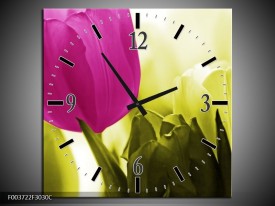 Wandklok op Canvas Tulp | Kleur: Roze, Groen, Wit | F003722C