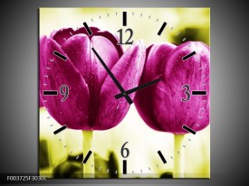 Wandklok op Canvas Tulp | Kleur: Roze, Groen, Wit | F003725C