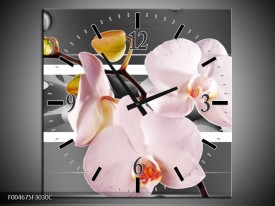 Wandklok op Canvas Orchidee | Kleur: Grijs, Roze, Wit | F004675C