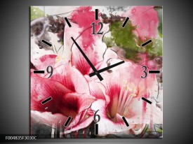 Wandklok op Canvas Bloem | Kleur: Roze, Wit, Grijs | F004835C