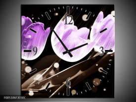 Wandklok op Canvas Tulp | Kleur: Paars, Grijs | F005106C