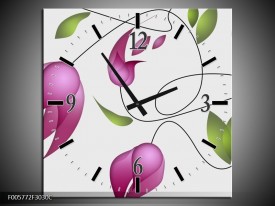 Wandklok op Canvas Tulp | Kleur: Paars, Groen, Creme | F005772C