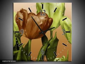 Wandklok op Canvas Tulp | Groen, Bruin, Wit | F005979C