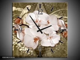 Wandklok op Canvas Orchidee | Kleur: Goud, Wit, Bruin | F005981C