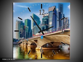 Wandklok op Canvas Singapore | Kleur: Blauw, Groen, Bruin | F006123C