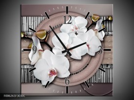 Wandklok op Canvas Orchidee | Kleur: Bruin, Wit, Grijs | F006261C